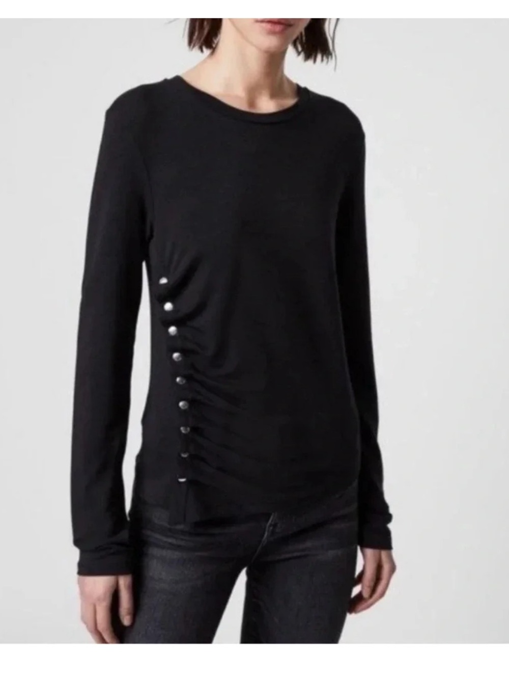 All Saints Ruched Studded Asymmetrical Hatti Tee Top in Black Long-Sleeve Sz 6